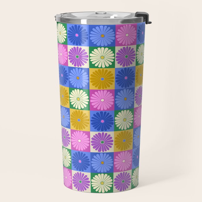 Retro Flowers Check Pattern XIV Travel Mug Gallery Image 2