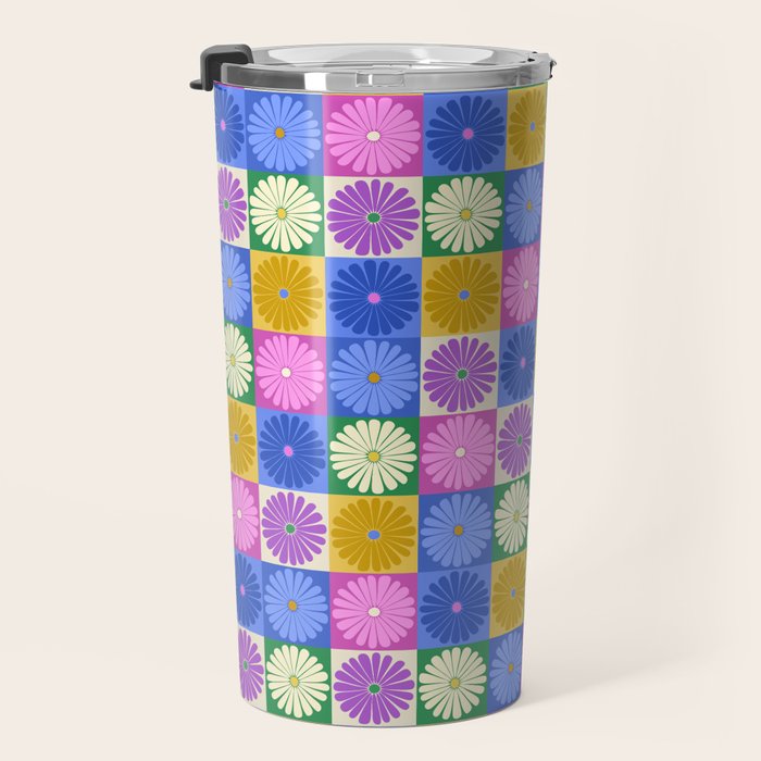 Retro Flowers Check Pattern XIV Travel Mug Gallery Image 3