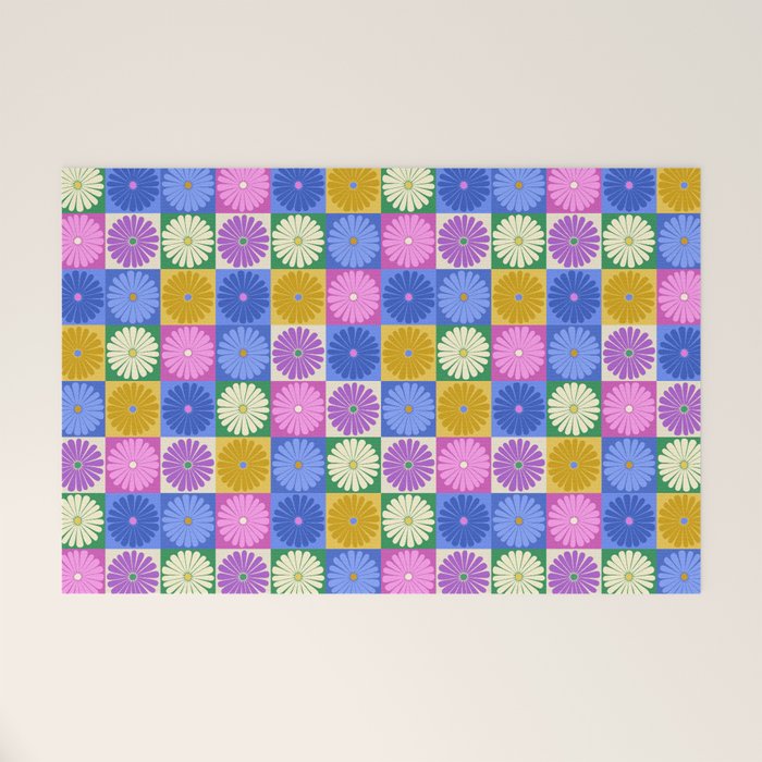 Retro Flowers Check Pattern XIV Welcome Mat Gallery Image 1