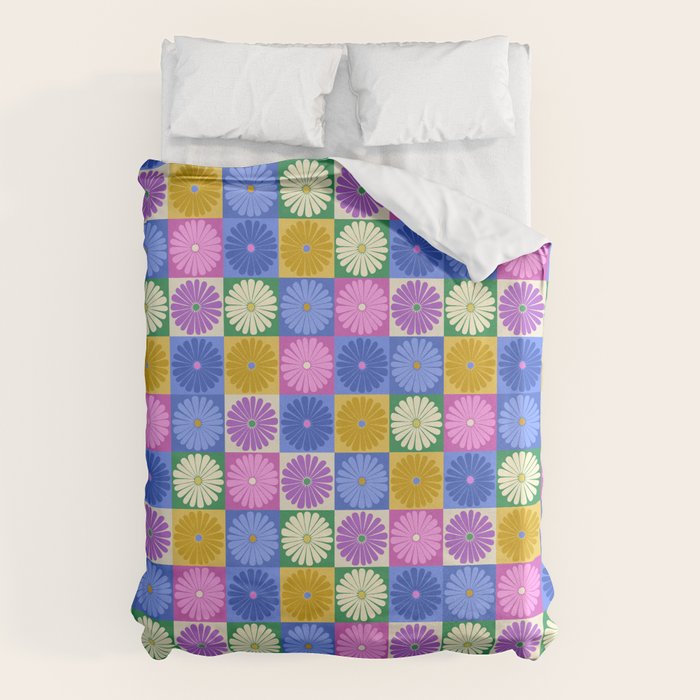 Retro Flowers Check Pattern XIV Duvet Cover Gallery Image 1