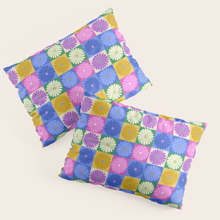 Retro Flowers Check Pattern XIV Pillow Sham Gallery Image 1