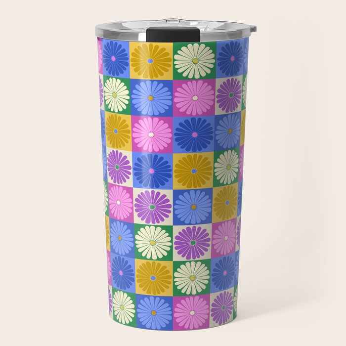 Retro Flowers Check Pattern XIV Travel Mug Gallery Image 1