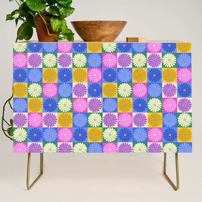 Retro Flowers Check Pattern XIV Credenza Gallery Image 1