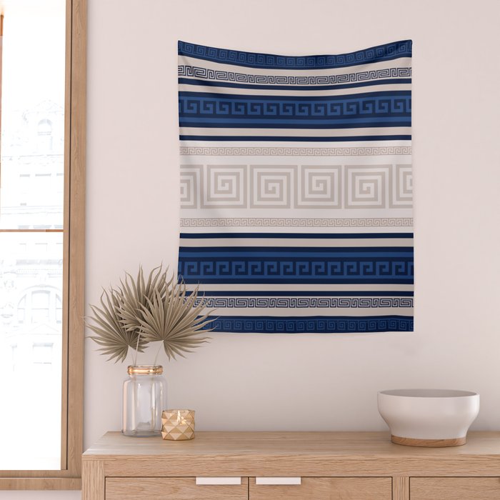 Greek Key - Meander - Blue and Beige Wall Tapestry Gallery Image 2