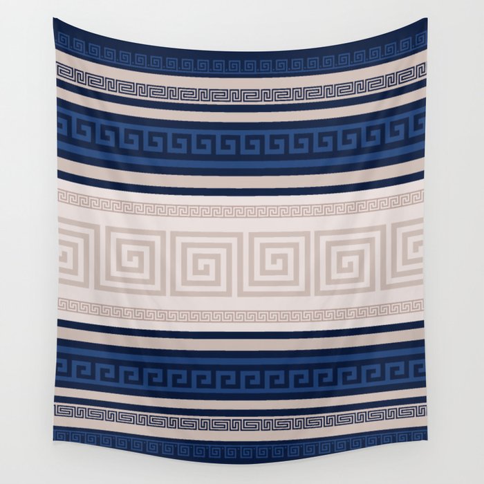 Greek Key - Meander - Blue and Beige Wall Tapestry Gallery Image 4