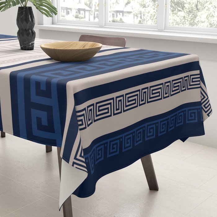 Greek Key - Meander - Blue and Beige Tablecloth Gallery Image 3