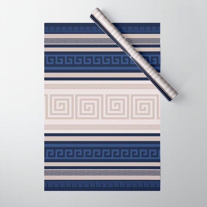 Greek Key - Meander - Blue and Beige Wrapping Paper Gallery Image 1