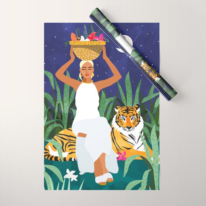 Tiger Camping, Wildlife Wild Jungle Illustration, Modern Bohemian Black Woman, Starry Night Moon Wrapping Paper Gallery Image 1