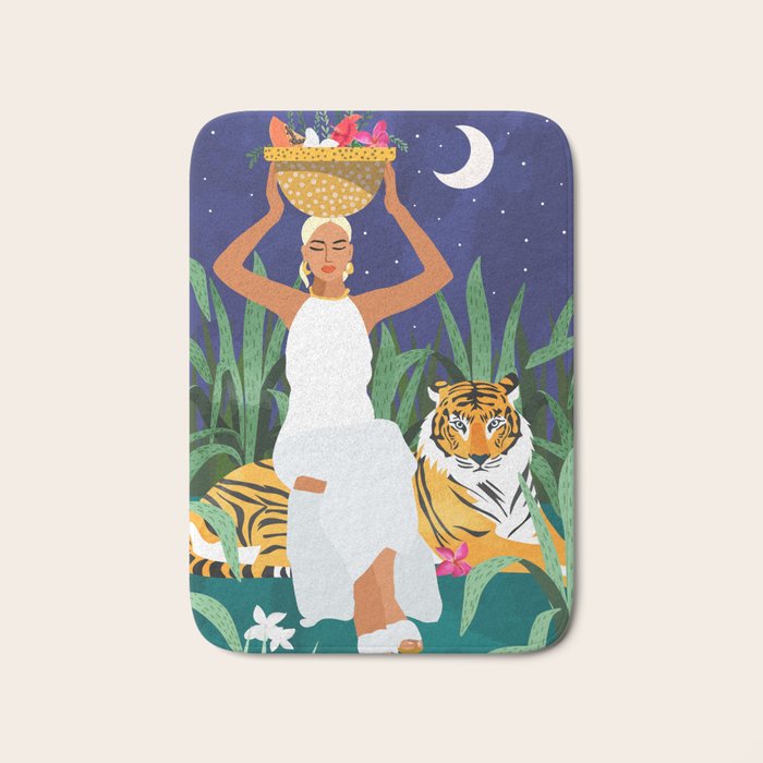 Tiger Camping, Wildlife Wild Jungle Illustration, Modern Bohemian Black Woman, Starry Night Moon Bath Mat Gallery Image 1