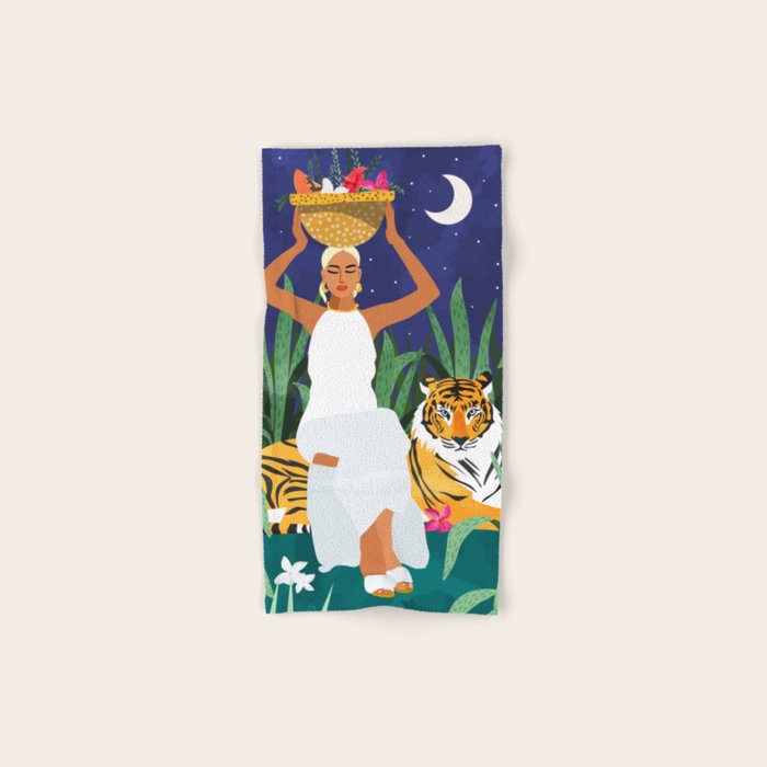 Tiger Camping, Wildlife Wild Jungle Illustration, Modern Bohemian Black Woman, Starry Night Moon Bath Towel Gallery Image 1