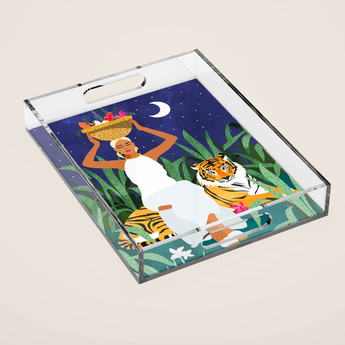 Tiger Camping, Wildlife Wild Jungle Illustration, Modern Bohemian Black Woman, Starry Night Moon Acrylic Tray Gallery Image 1