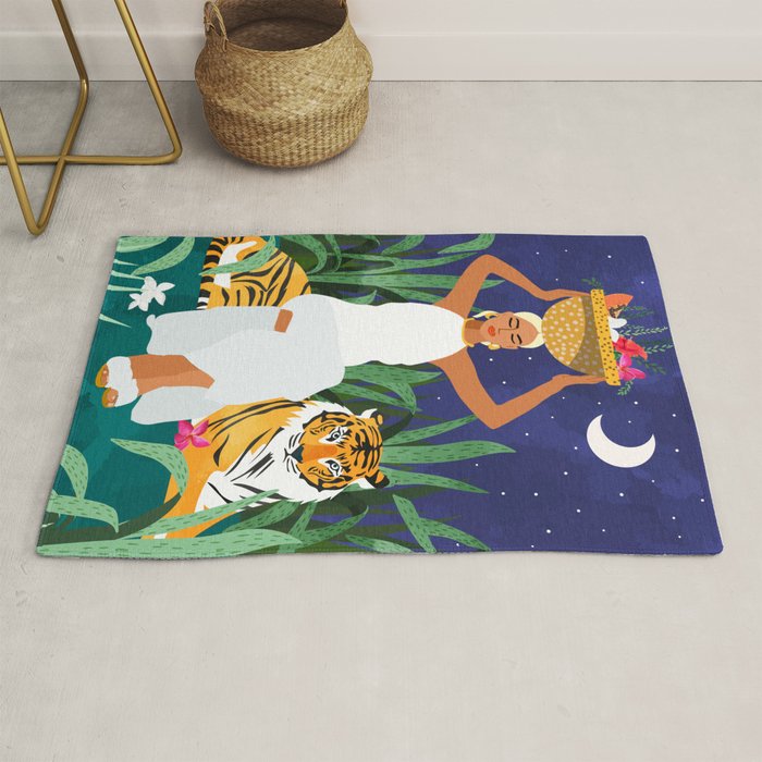 Tiger Camping, Wildlife Wild Jungle Illustration, Modern Bohemian Black Woman, Starry Night Moon Rug Gallery Image 1