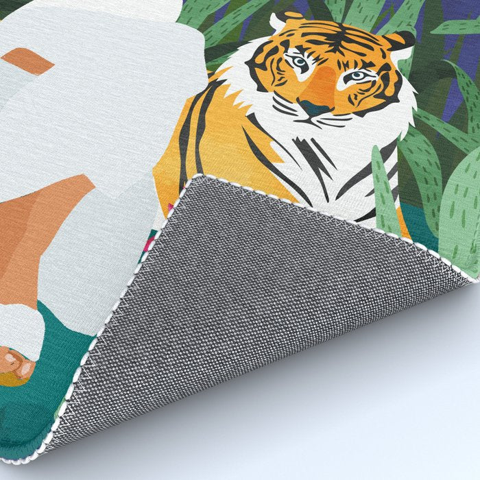 Tiger Camping, Wildlife Wild Jungle Illustration, Modern Bohemian Black Woman, Starry Night Moon Rug Gallery Image 4