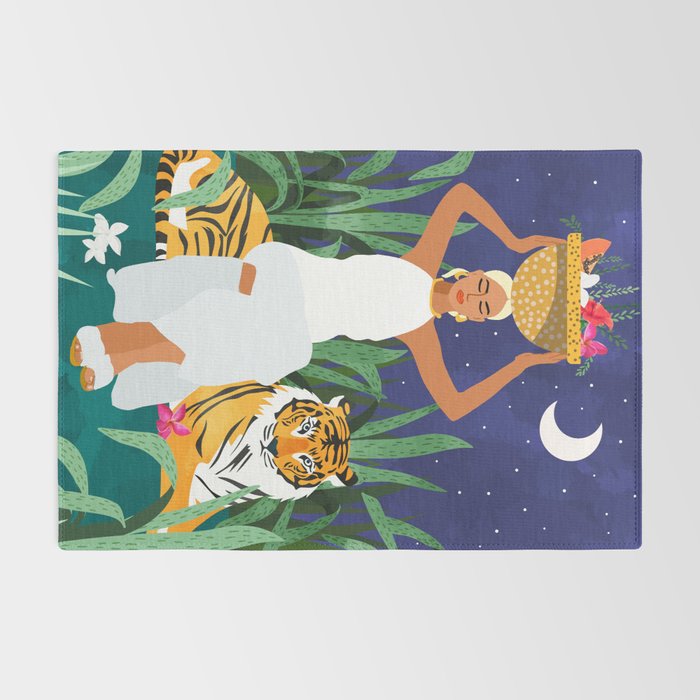 Tiger Camping, Wildlife Wild Jungle Illustration, Modern Bohemian Black Woman, Starry Night Moon Rug Gallery Image 2