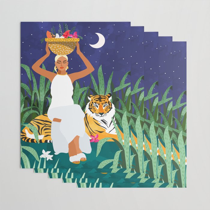 Tiger Camping, Wildlife Wild Jungle Illustration, Modern Bohemian Black Woman, Starry Night Moon Wrapping Paper Gallery Image 3