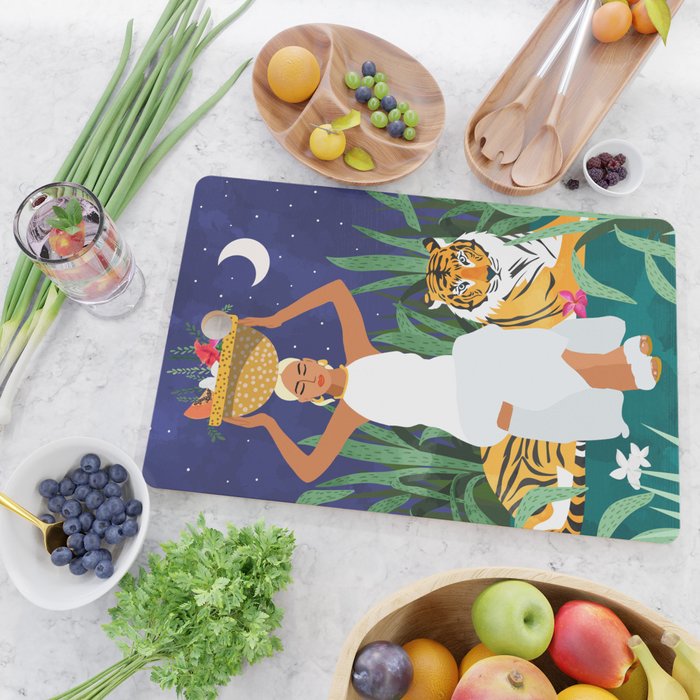 Tiger Camping, Wildlife Wild Jungle Illustration, Modern Bohemian Black Woman, Starry Night Moon Cutting Board Gallery Image 2
