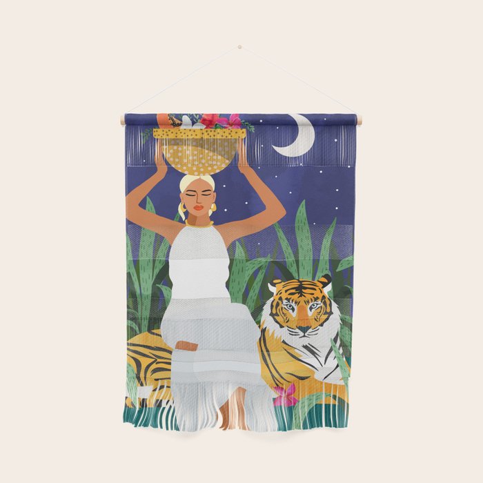 Tiger Camping, Wildlife Wild Jungle Illustration, Modern Bohemian Black Woman, Starry Night Moon Wall Hanging Gallery Image 1