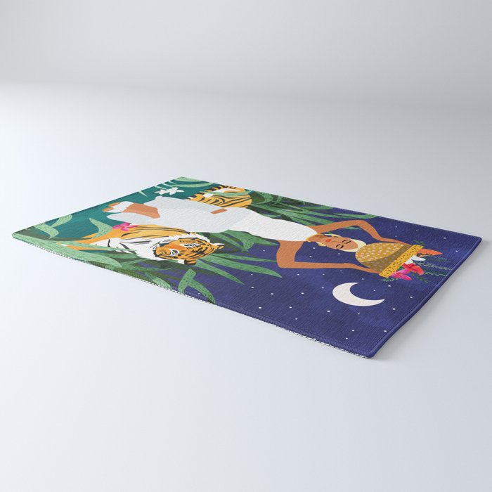 Tiger Camping, Wildlife Wild Jungle Illustration, Modern Bohemian Black Woman, Starry Night Moon Rug Gallery Image 3