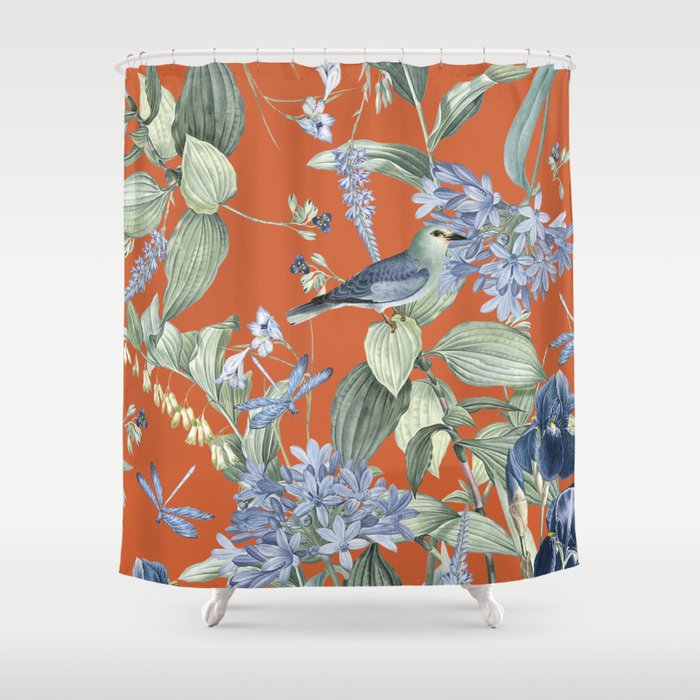 Exotic Wildlife Floral Garden on Orange Shower Curtain Gallery Image 1