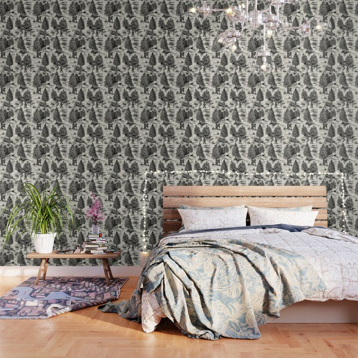Bigfoot / Sasquatch Toile de Jouy in Black Wallpaper Gallery Image 1