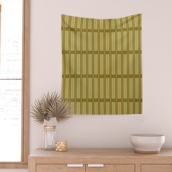 Minimalist Geo Box Striped Geometric Pattern in Vintage Olive Green and Orange Wall Tapestry Gallery Image 2