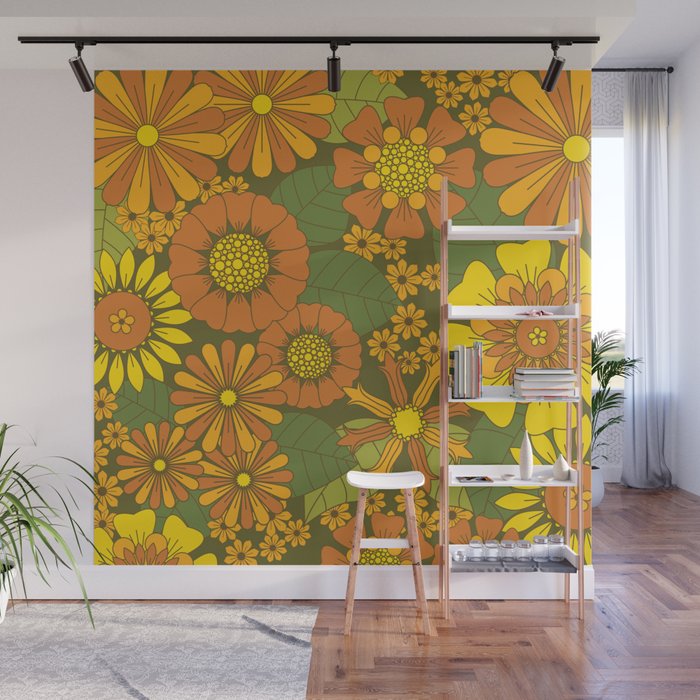 Orange, Brown, Yellow and Green Retro Daisy Pattern Wall Mural Gallery Image 1