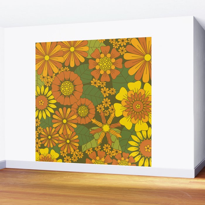 Orange, Brown, Yellow and Green Retro Daisy Pattern Wall Mural Gallery Image 2