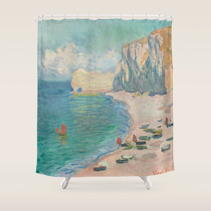 Etretat, The Beach and the Falaise d'Amont by Claude Monet Shower Curtain Gallery Image 1