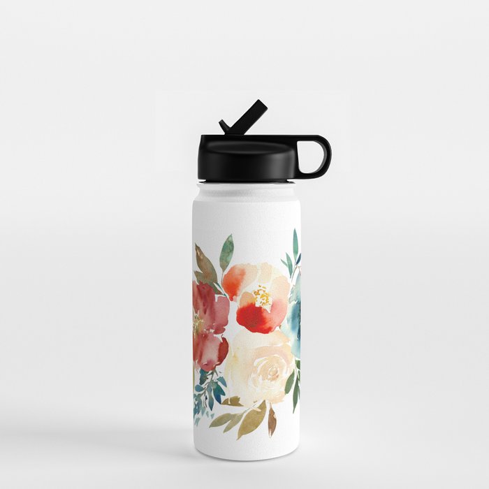 Red Turquoise Teal Floral Watercolor Water Bottle Gallery Image 1