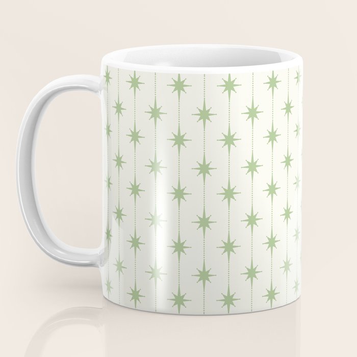 Midcentury Stars and Dots Pattern in Light Sage Green and Cream Coffee Mug Gallery Image 3