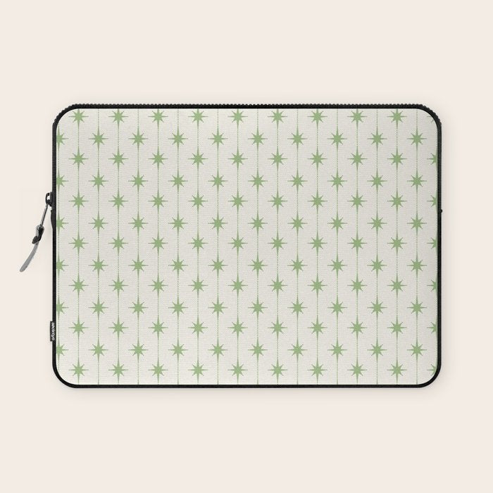 Midcentury Stars and Dots Pattern in Light Sage Green and Cream Laptop Sleeve Gallery Image 1