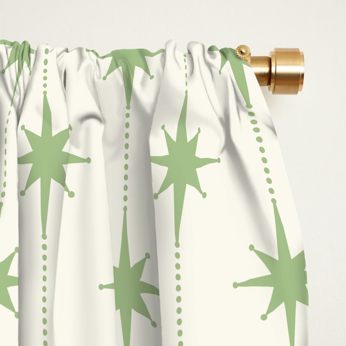 Midcentury Stars and Dots Pattern in Light Sage Green and Cream Window Curtain Gallery Image 2