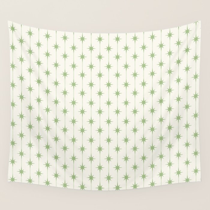 Midcentury Stars and Dots Pattern in Light Sage Green and Cream Wall Tapestry Gallery Image 4