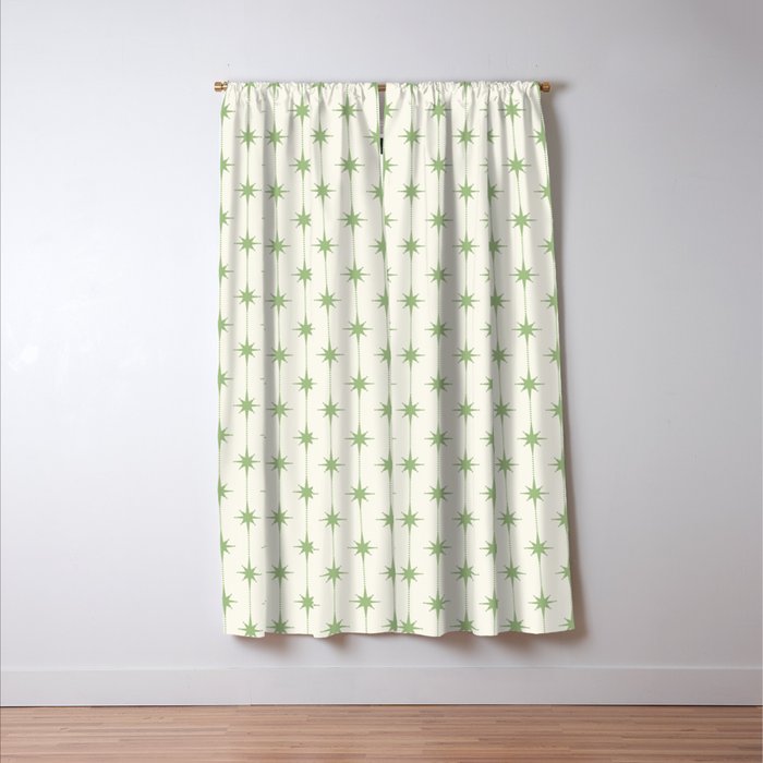 Midcentury Stars and Dots Pattern in Light Sage Green and Cream Window Curtain Gallery Image 3