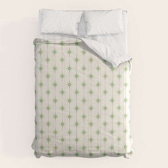 Midcentury Stars and Dots Pattern in Light Sage Green and Cream Comforter Gallery Image 1