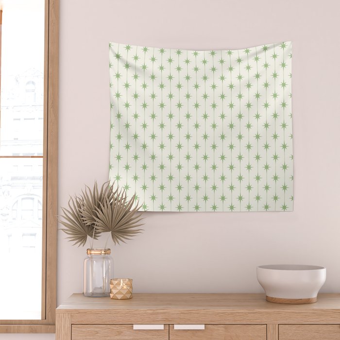 Midcentury Stars and Dots Pattern in Light Sage Green and Cream Wall Tapestry Gallery Image 2