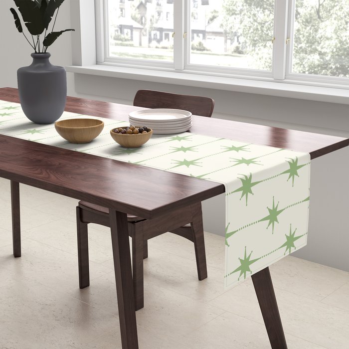 Midcentury Stars and Dots Pattern in Light Sage Green and Cream Table Runner Gallery Image 2