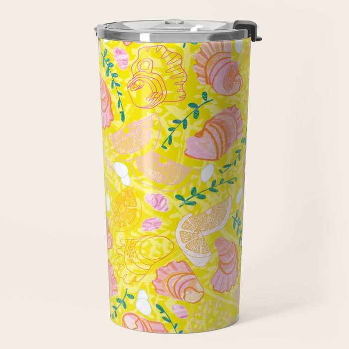 Coastal Oysters on the Beach in Lemon Yellow & Peach Travel Mug Gallery Image 2