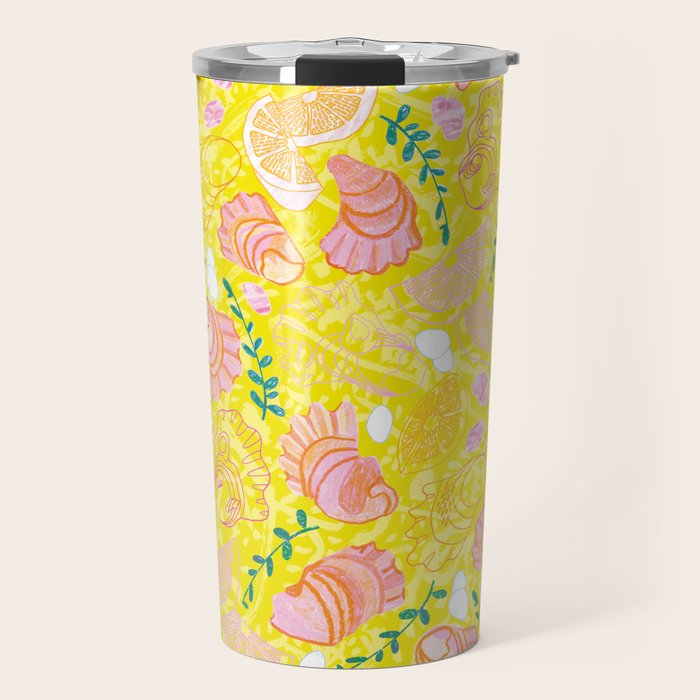 Coastal Oysters on the Beach in Lemon Yellow & Peach Travel Mug Gallery Image 1