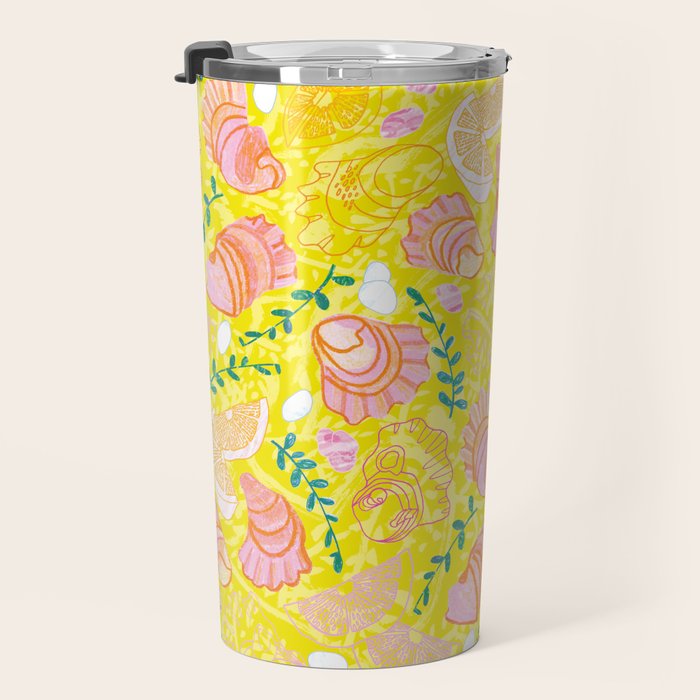 Coastal Oysters on the Beach in Lemon Yellow & Peach Travel Mug Gallery Image 3