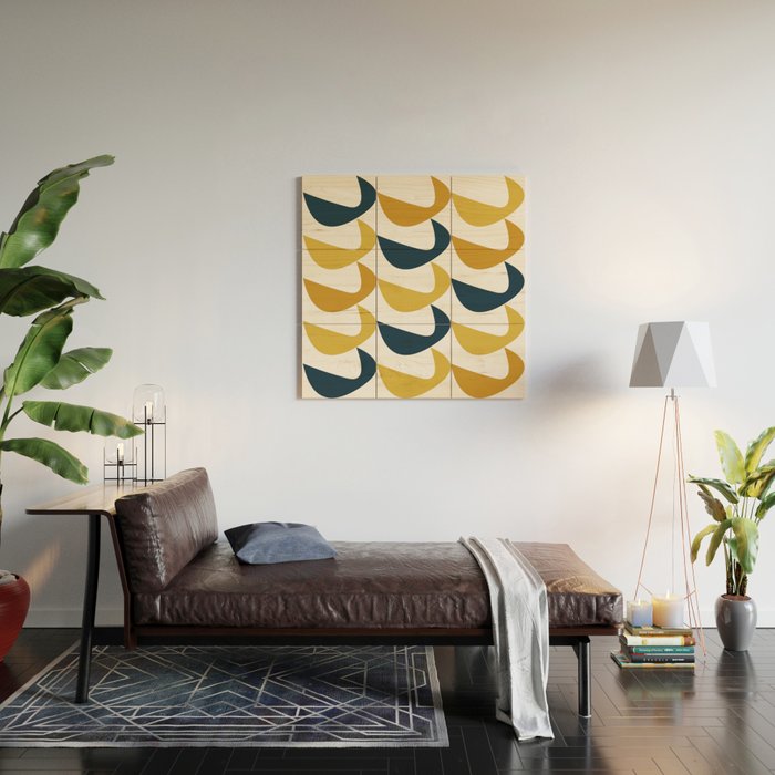 Aldous Midcentury Modern Minimalist Abstract Pattern in Mustard Yellow, Navy Blue, and White Wood Wall Art Gallery Image 2