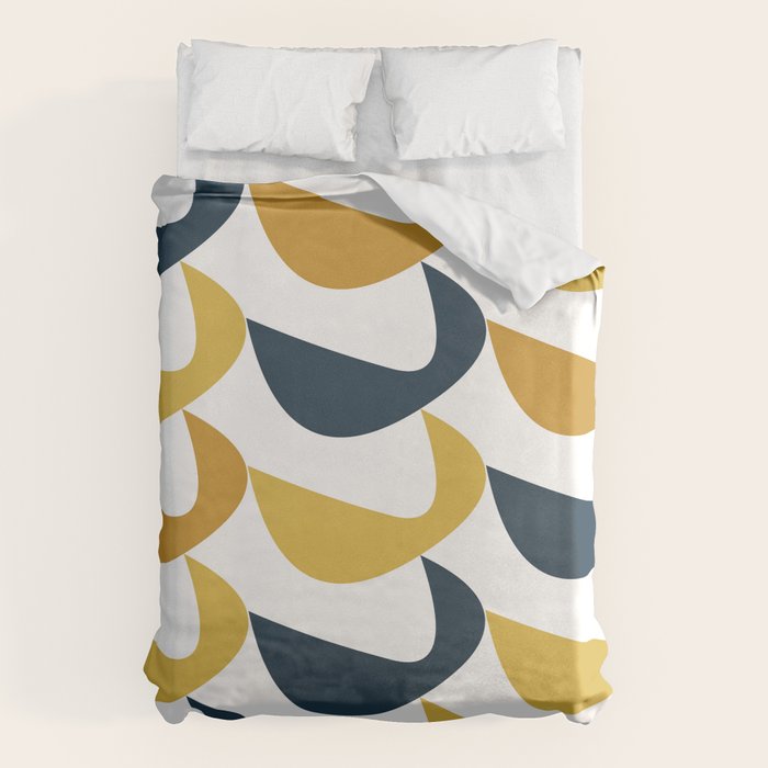 Aldous Midcentury Modern Minimalist Abstract Pattern in Mustard Yellow, Navy Blue, and White Duvet Cover Gallery Image 1