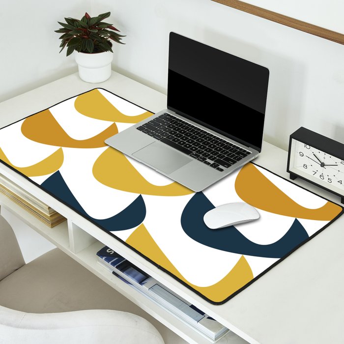 Aldous Midcentury Modern Minimalist Abstract Pattern in Mustard Yellow, Navy Blue, and White Desk Mat Gallery Image 2