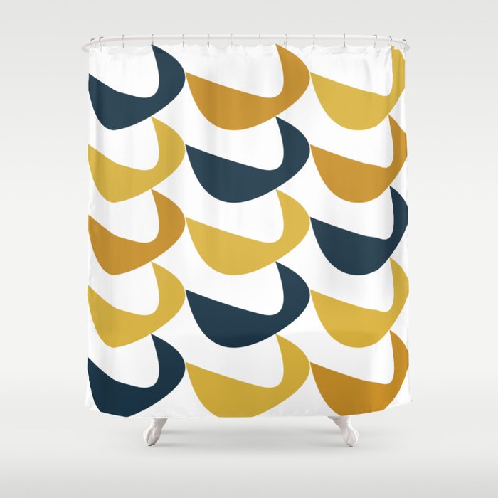 Aldous Midcentury Modern Minimalist Abstract Pattern in Mustard Yellow, Navy Blue, and White Shower Curtain Gallery Image 1