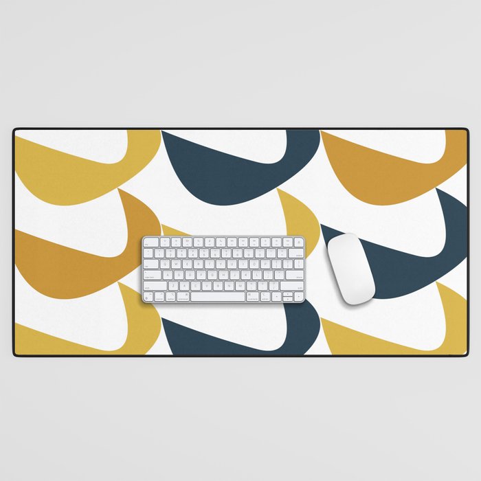 Aldous Midcentury Modern Minimalist Abstract Pattern in Mustard Yellow, Navy Blue, and White Desk Mat Gallery Image 1