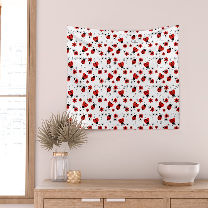 Red Ladybug Floral Pattern Wall Tapestry Gallery Image 2