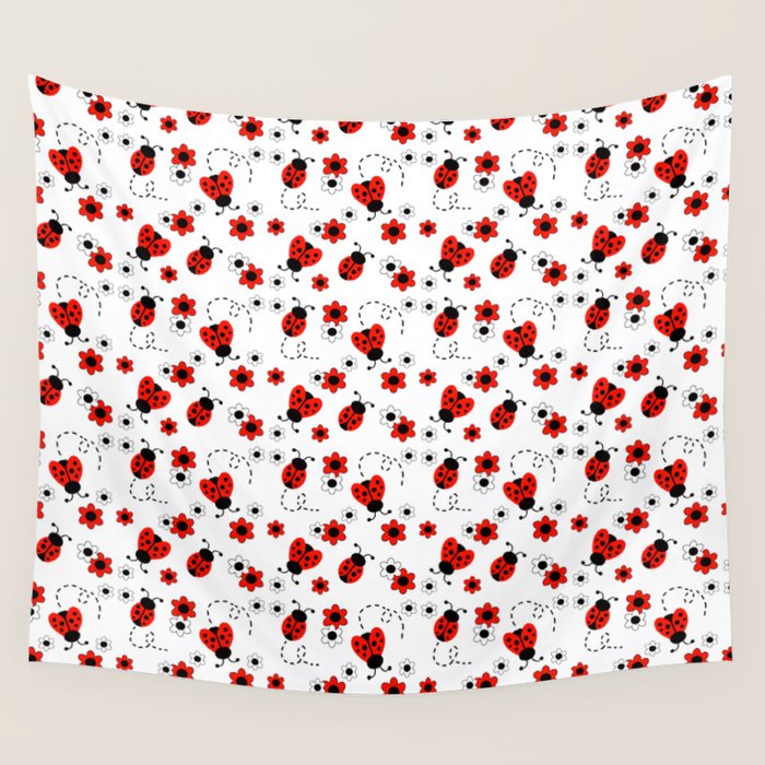 Red Ladybug Floral Pattern Wall Tapestry Gallery Image 1