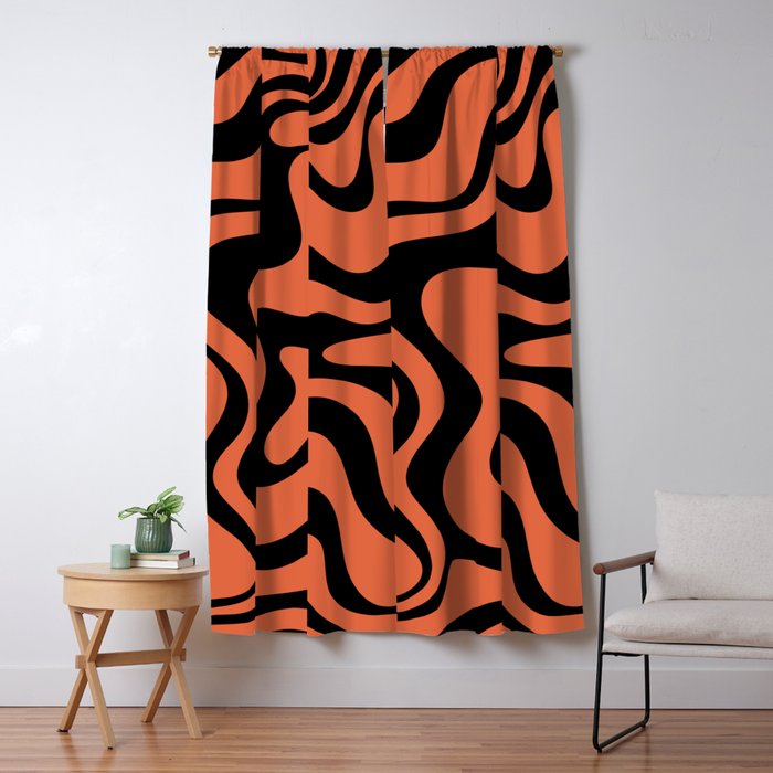 Retro Liquid Swirl Abstract Pattern in Black and Orange Window Curtain Gallery Image 1