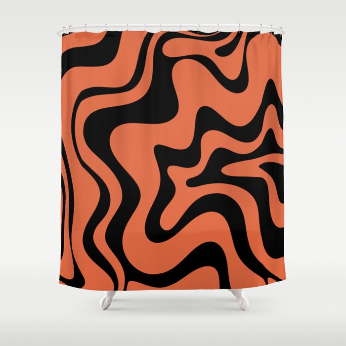 Retro Liquid Swirl Abstract Pattern in Black and Orange Shower Curtain Gallery Image 1