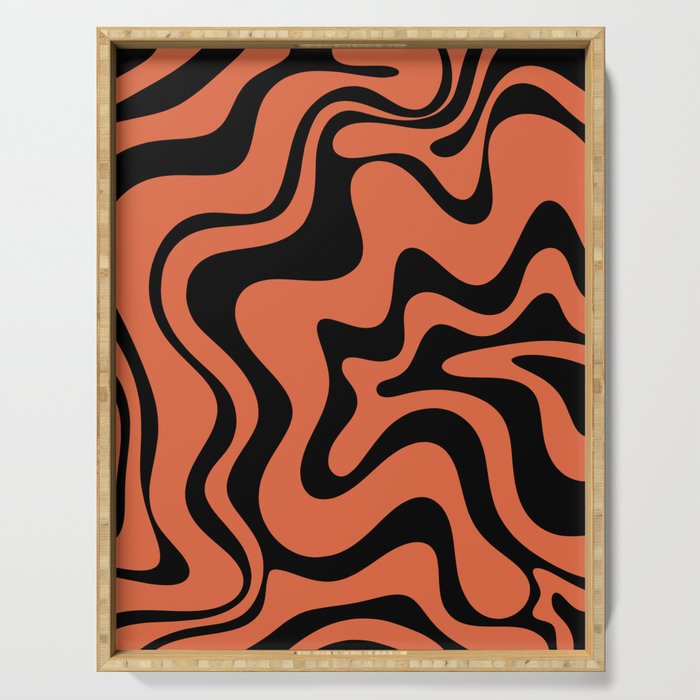 Retro Liquid Swirl Abstract Pattern in Black and Orange Serving Tray Gallery Image 1